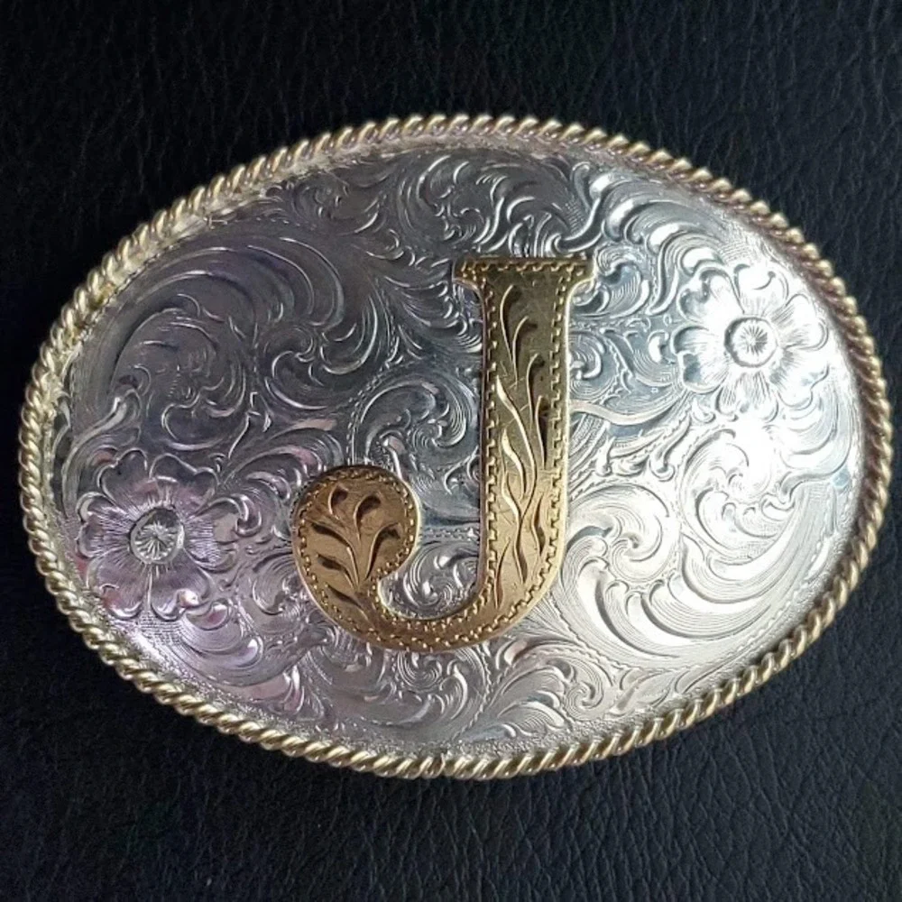 Silversmith Co Silver Plate Initial J Belt Buckle Western Floral Rope Edge 4in